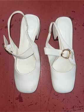 Charles & Keith White Square-Toe Slingback Heels with Gold Buckle